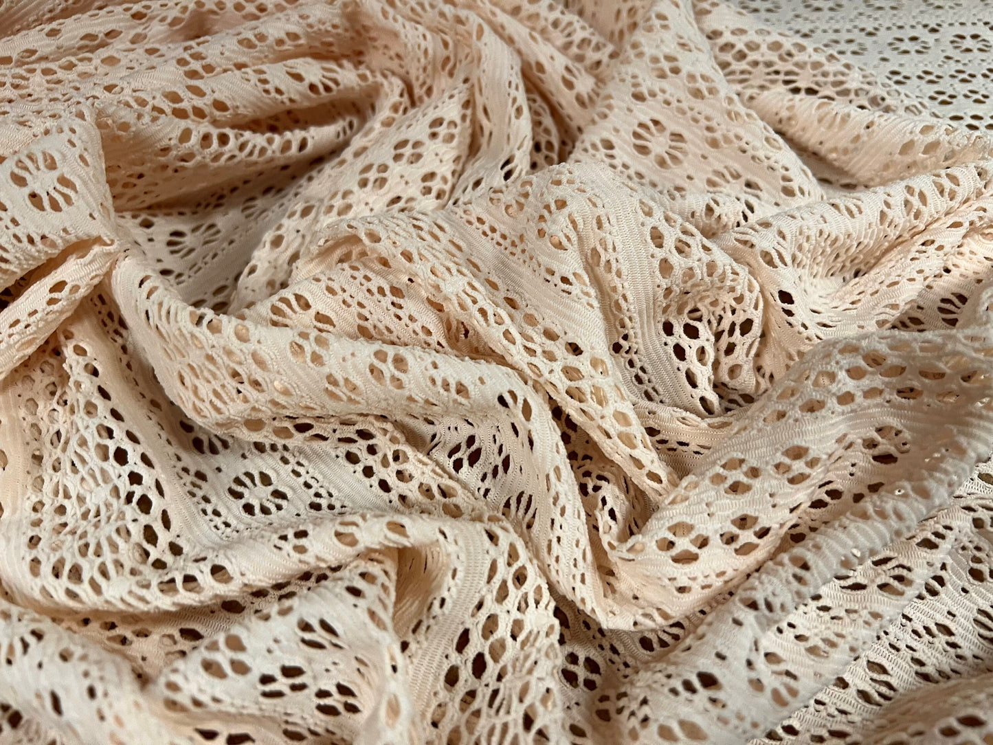 Stretch spandex crochet lace jersey dress fabric, per metre - floral stripe design - nude