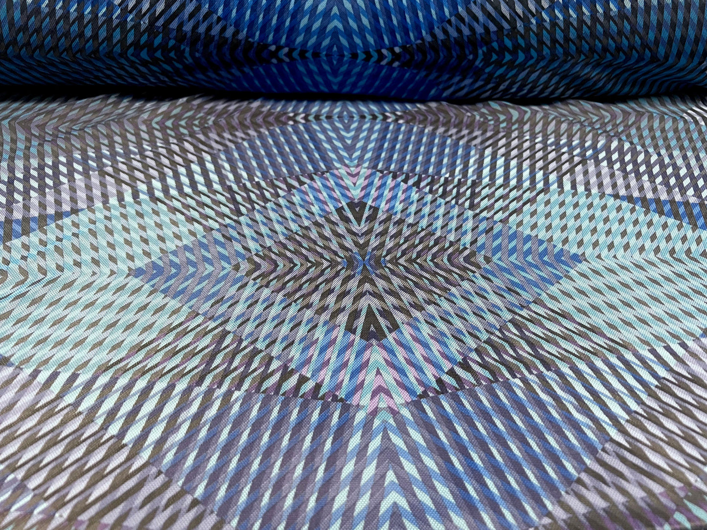 Power mesh net sheer stretch spandex fabric, per metre - kaleidoscope print - blue