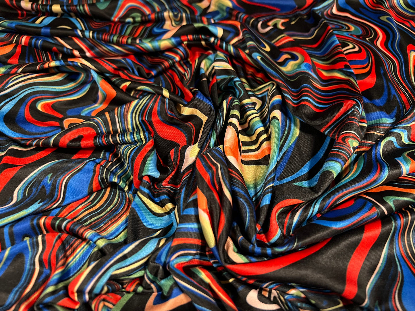 Soft touch stretch spandex jersey fabric, per metre - multicolour swirl print