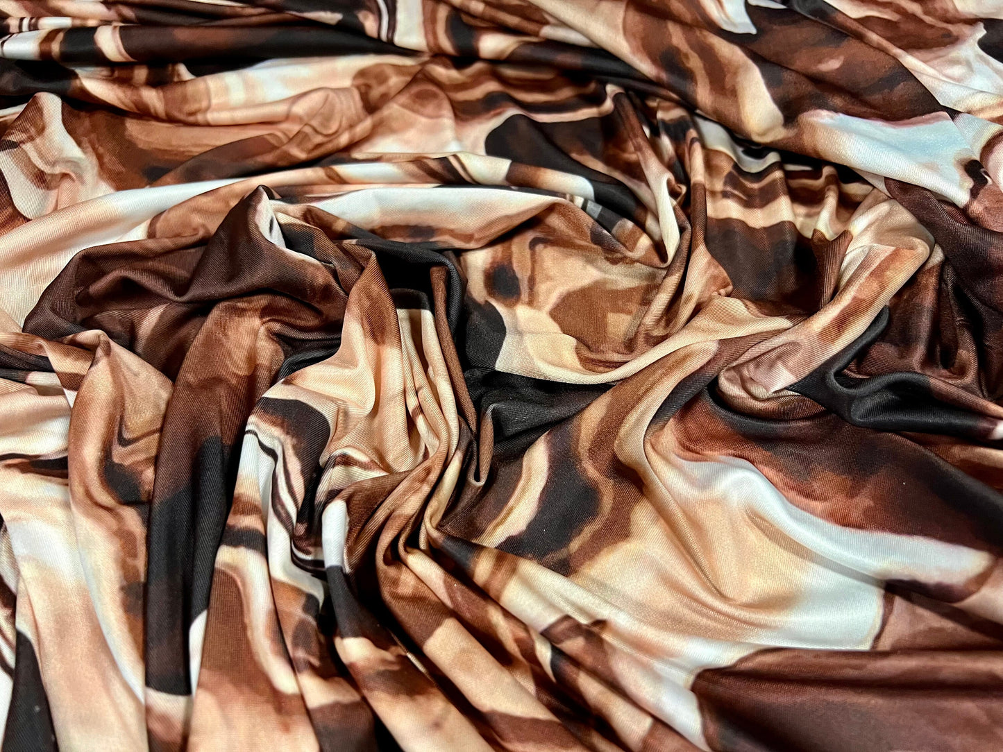 Soft touch stretch spandex jersey fabric, per metre - abstract swirl print - brown & nude