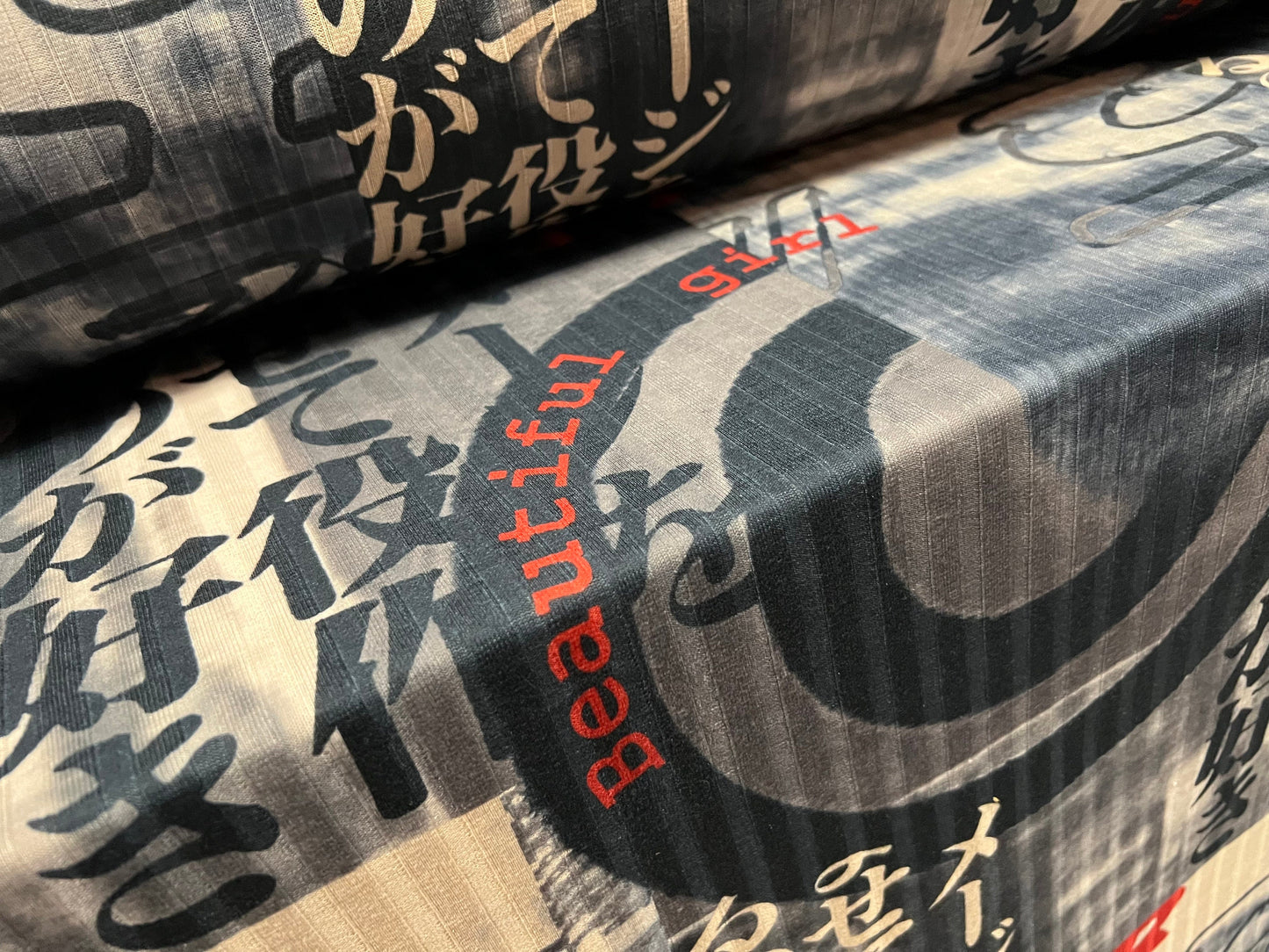 Ribbed jersey fabric, per metre - Japanese symbols print - grey & cream