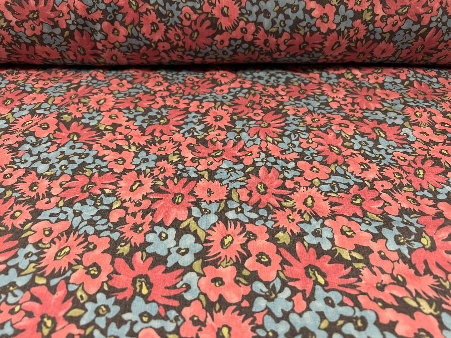 Cotton blend woven dress fabric, per metre - summer flowers print - pink & blue