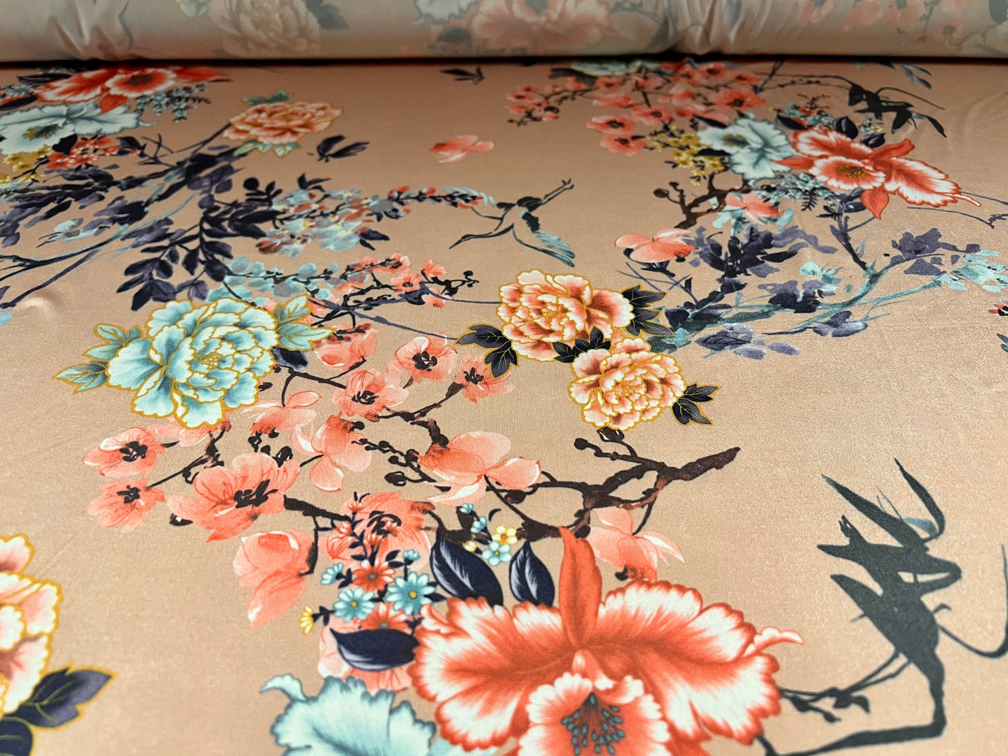 Soft touch stretch spandex single jersey fabric, per metre - flower print - peach pink & turquoise