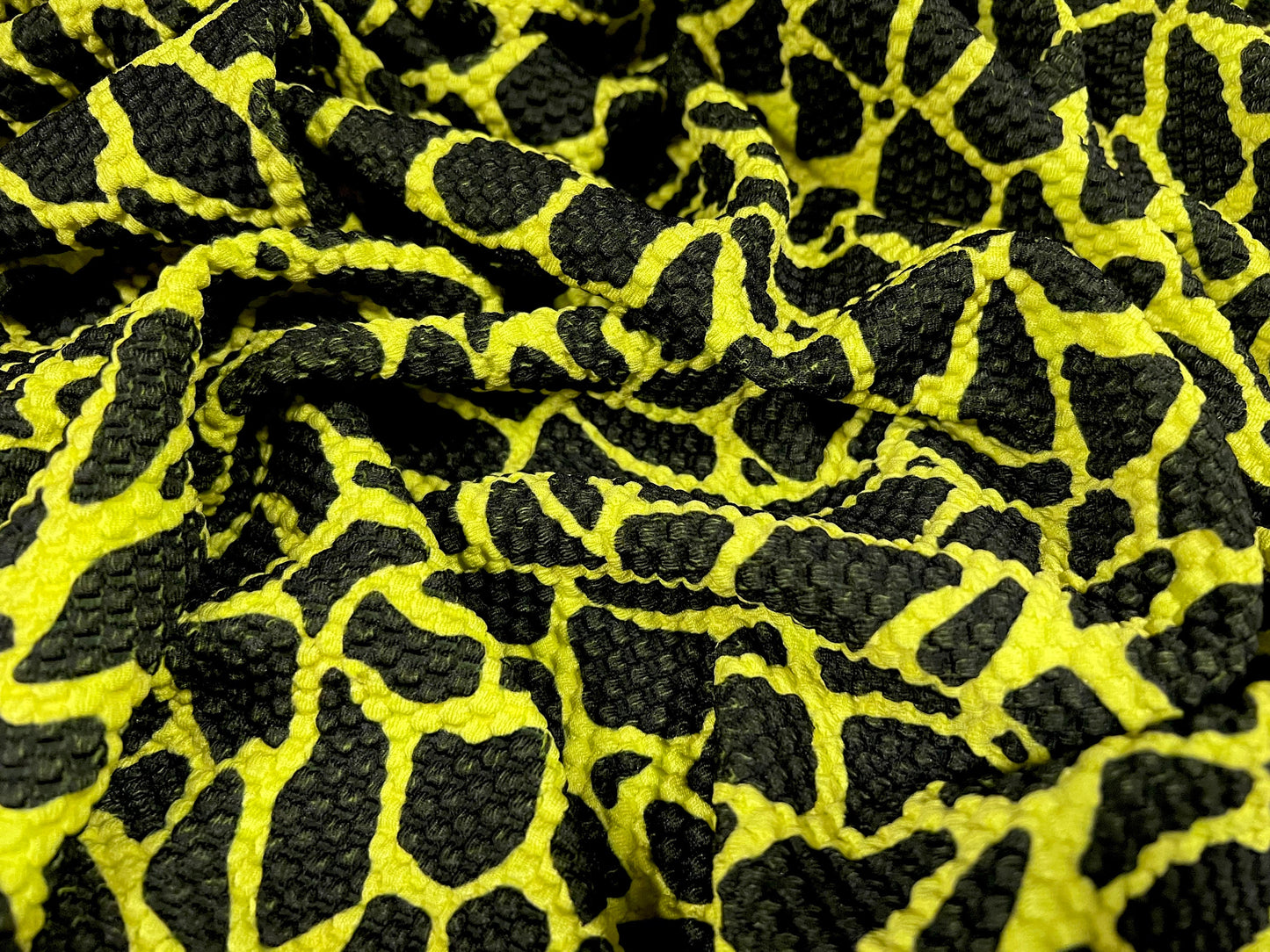 Honeycomb jacquard stretch double jersey fabric, per metre - giraffe animal print - citrus yellow