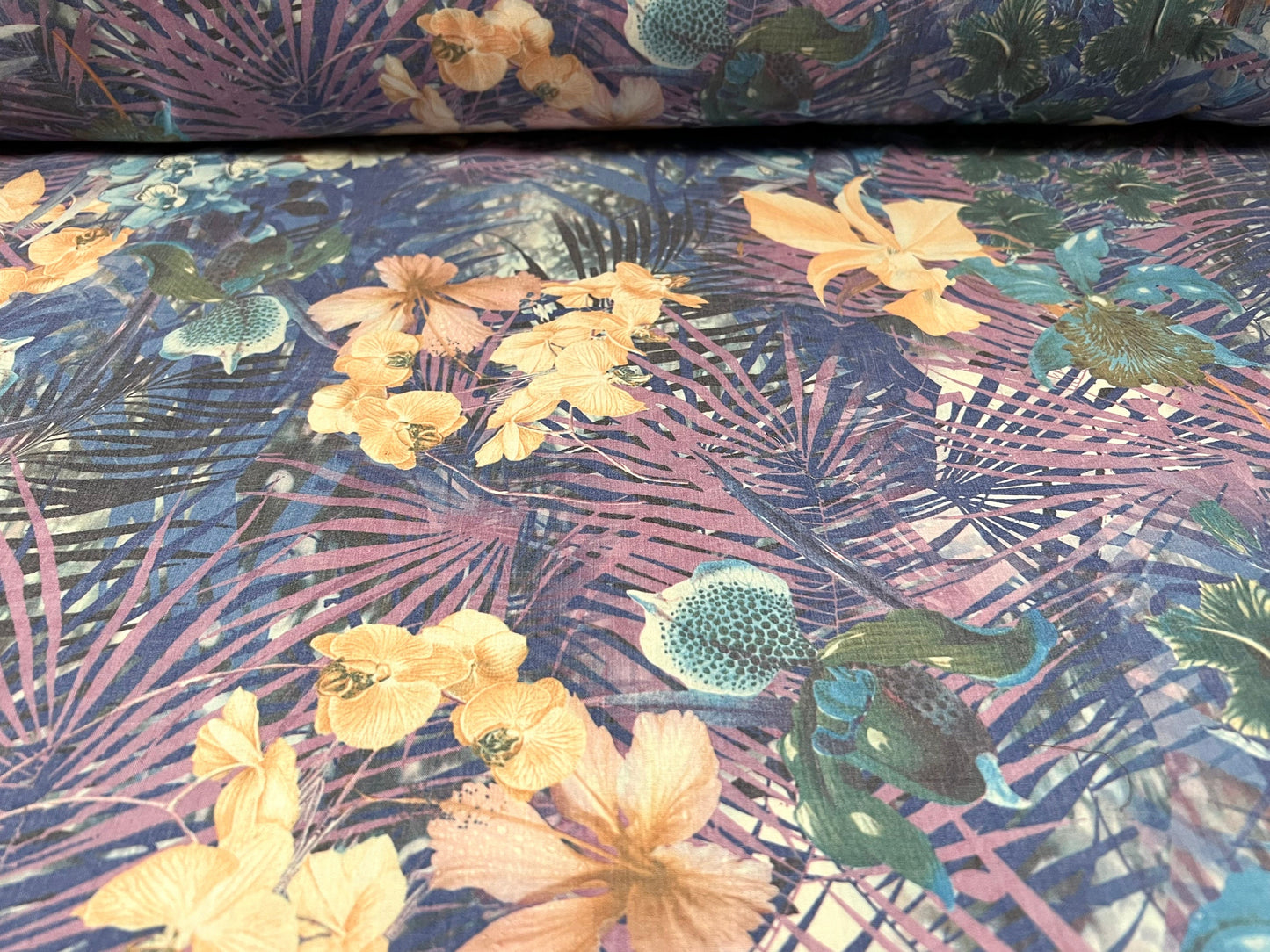 Cotton blend woven dress fabric, per metre - orchid flowers & leaves print - purple blue peach