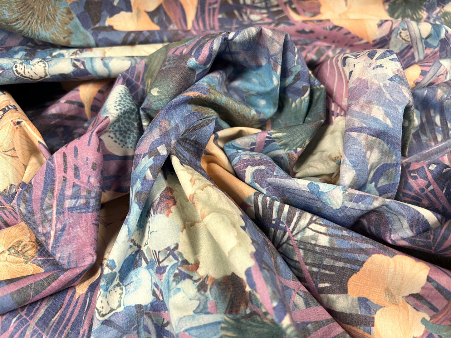 Cotton blend woven dress fabric, per metre - orchid flowers & leaves print - purple blue peach