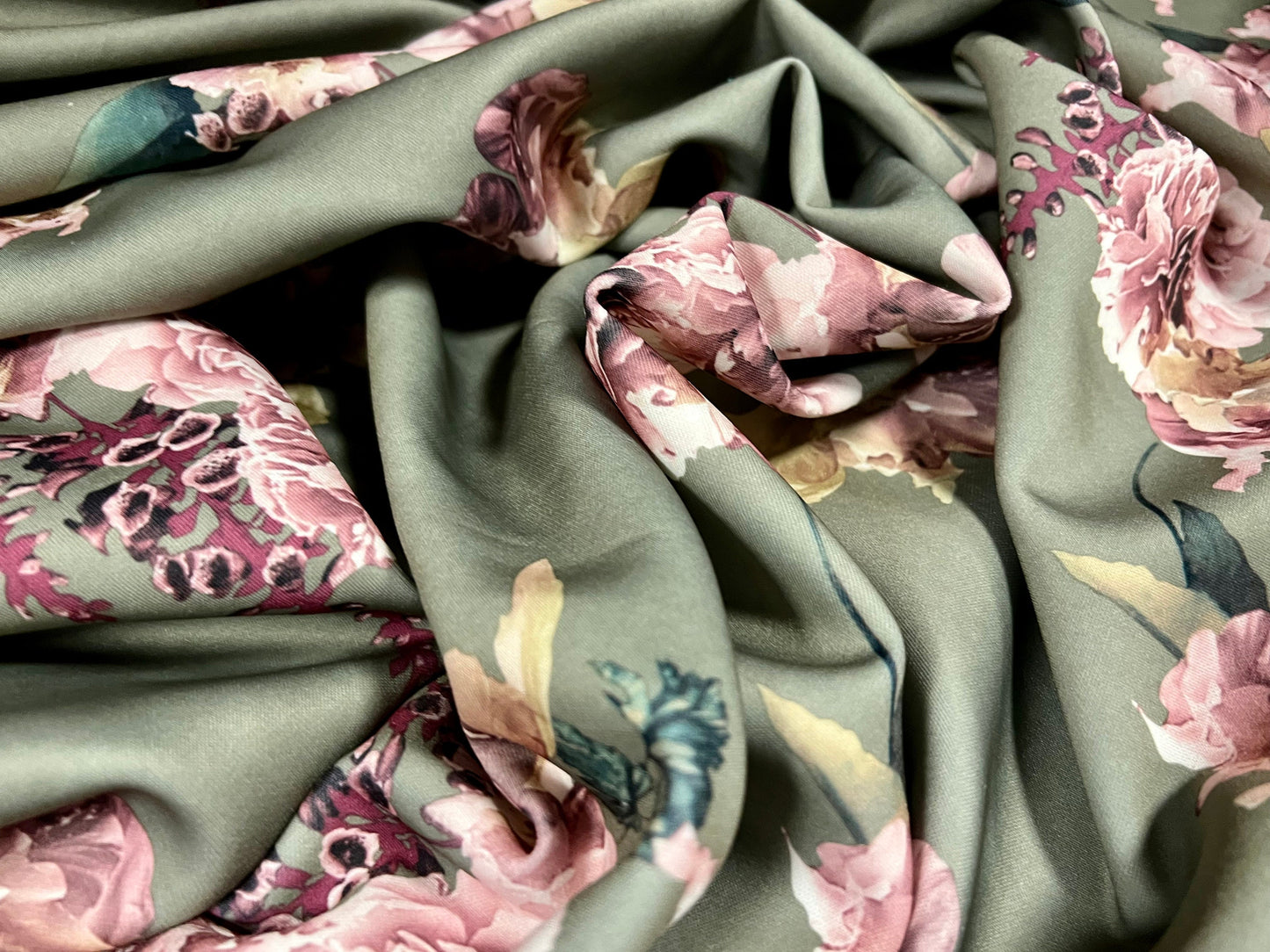 Scuba Stretch double jersey fabric, per metre - rose flower print - dark sage green
