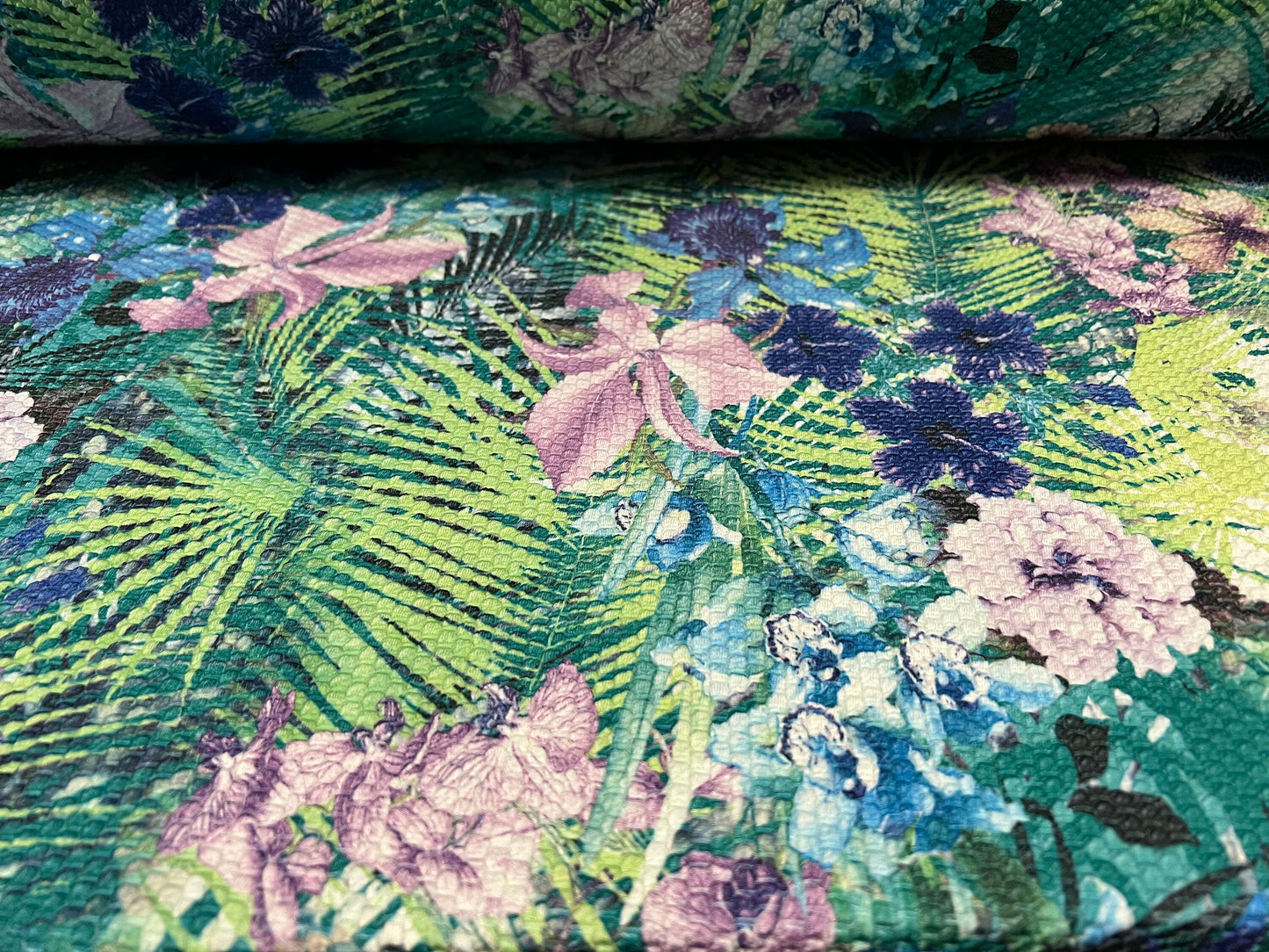 Honeycomb jacquard stretch double jersey fabric, per metre - leaves & flowers print - green blue