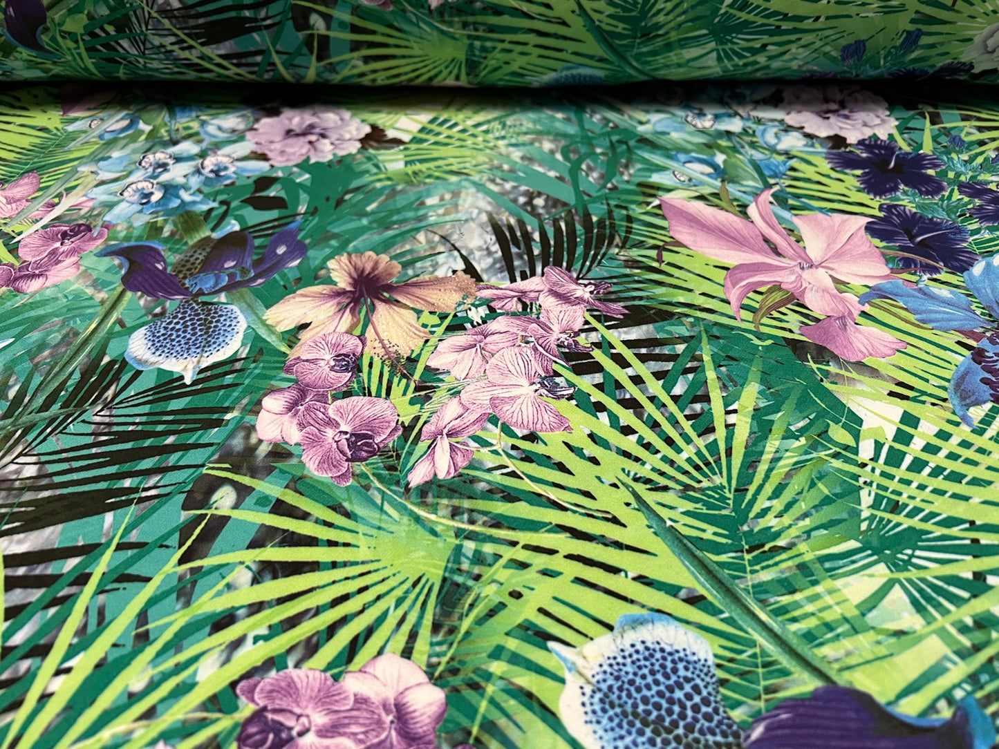 Barcelona smooth stretch woven dress fabric, per metre - leaves & flowers print - blue green