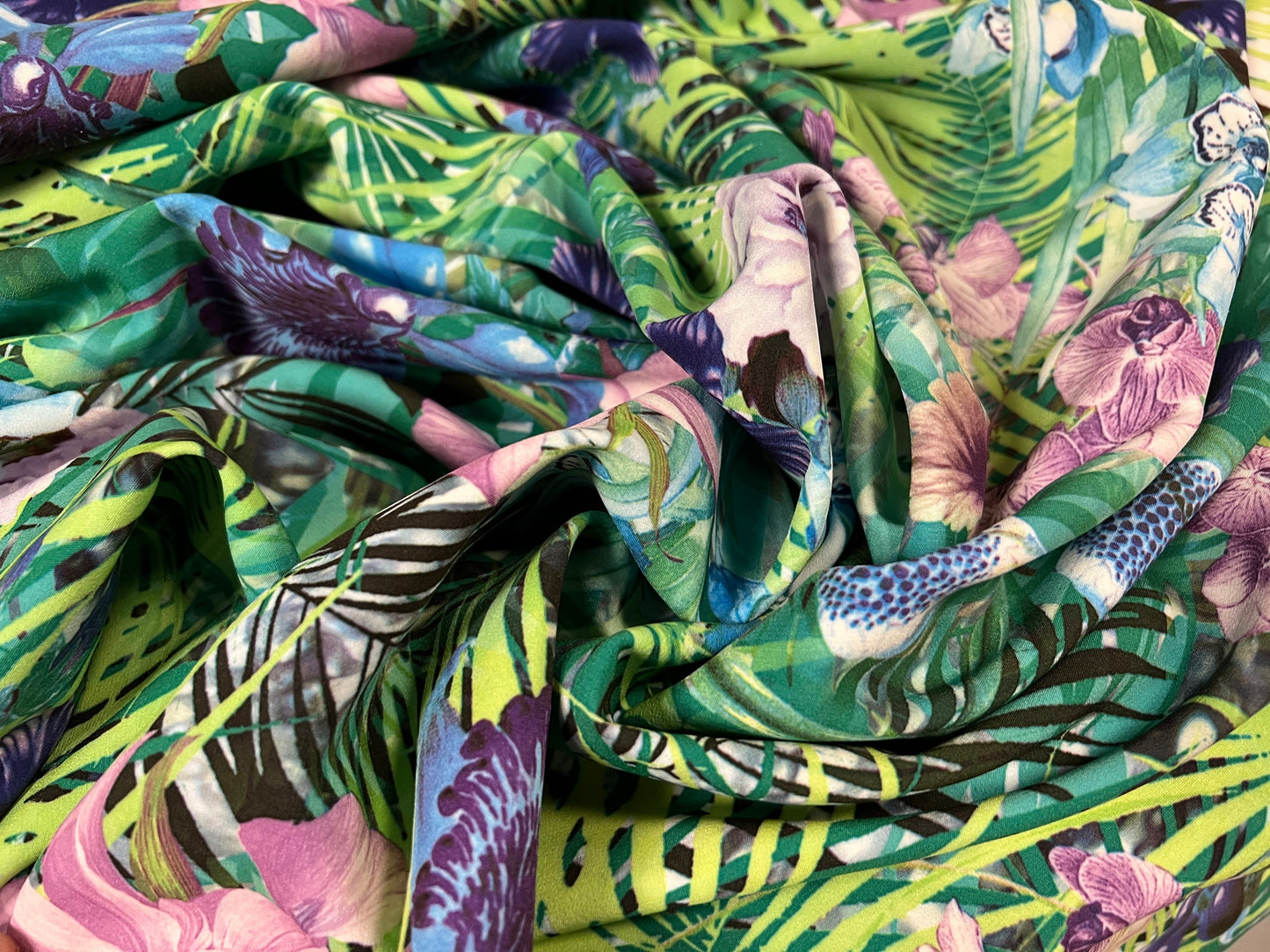 Barcelona smooth stretch woven dress fabric, per metre - leaves & flowers print - blue green