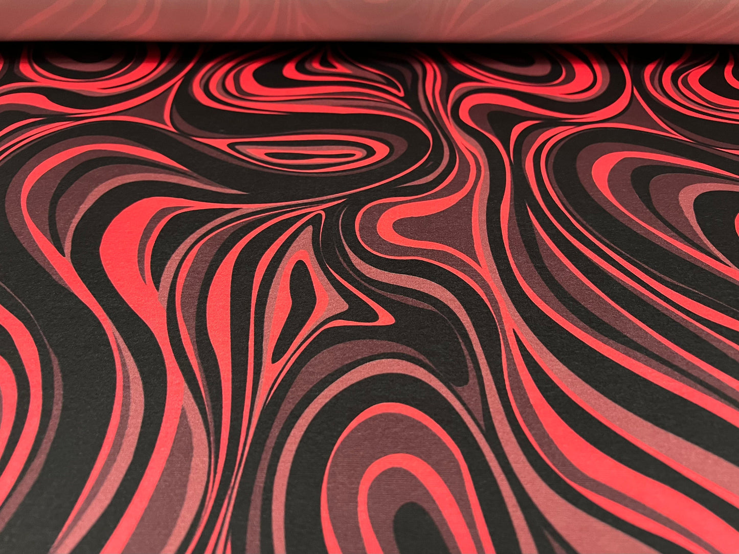 Soft touch stretch spandex jersey fabric, per metre - retro swirl print - strawberry & black