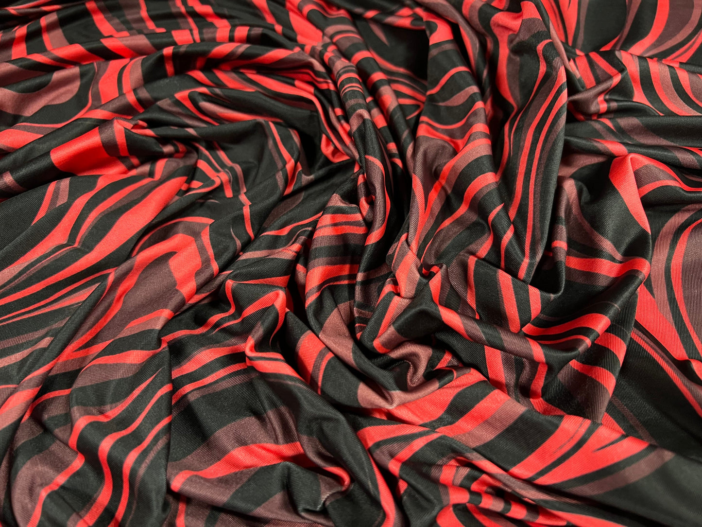 Soft touch stretch spandex jersey fabric, per metre - retro swirl print - strawberry & black