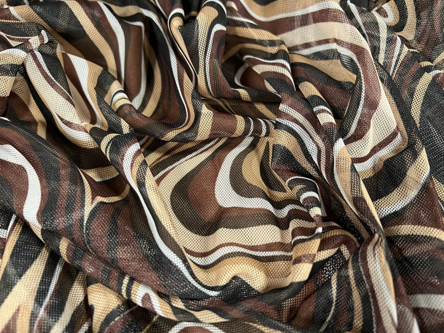 Power mesh net sheer stretch spandex fabric, per metre - retro swirl print - brown & cream