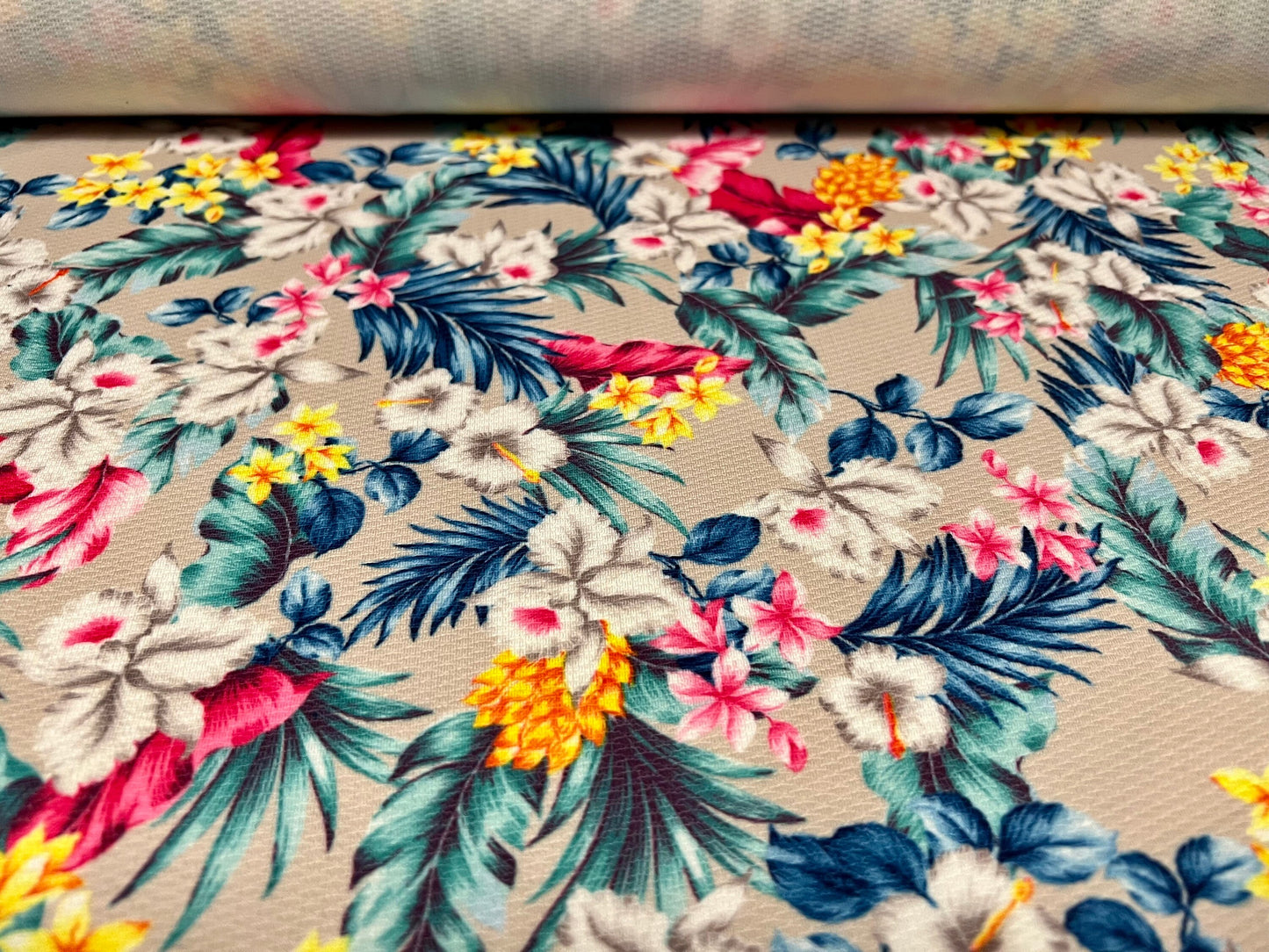 Micro jacquard stretch spandex jersey fabric, per metre - Hawaiian garden print - multicolour
