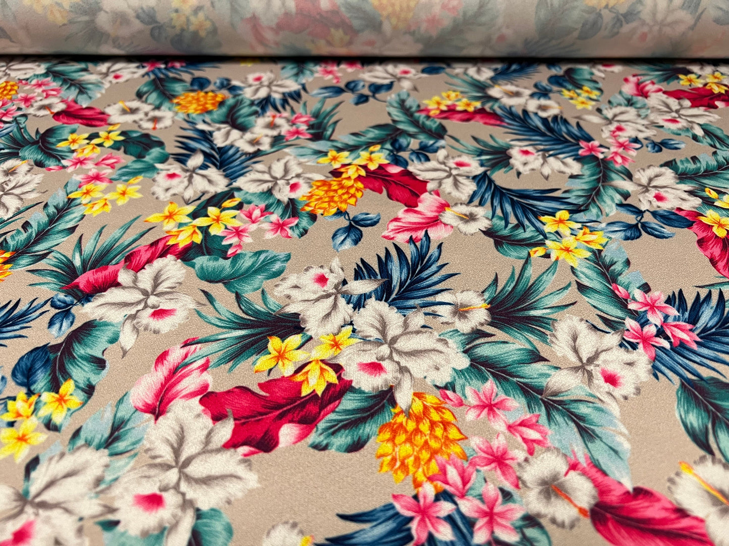 Crepe single jersey fabric, per metre - Hawaiian Garden print - grey with multicolour flowers