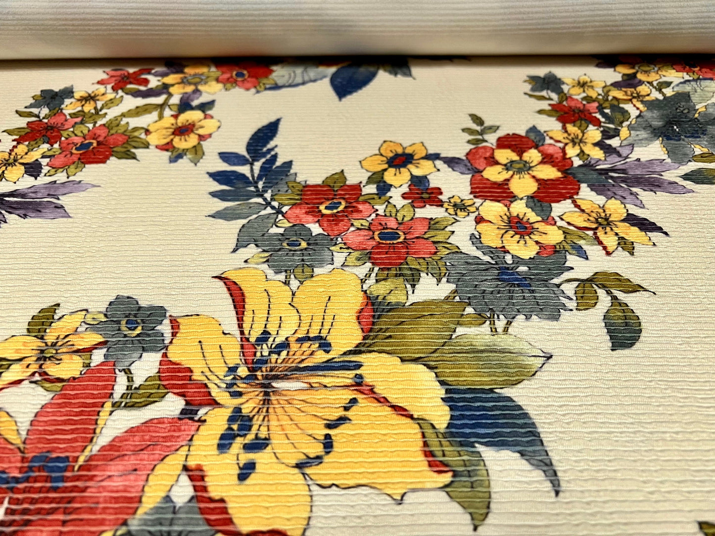 Textured spandex ribbed jersey fabric, per metre - Trailing Flowers print - cream