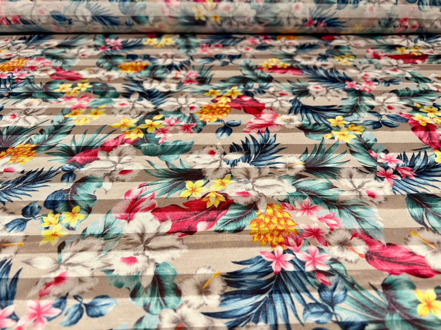 Viscose Burnout stripe single jersey fabric, per metre - Hawaiian Garden print - grey with multicolour flowers