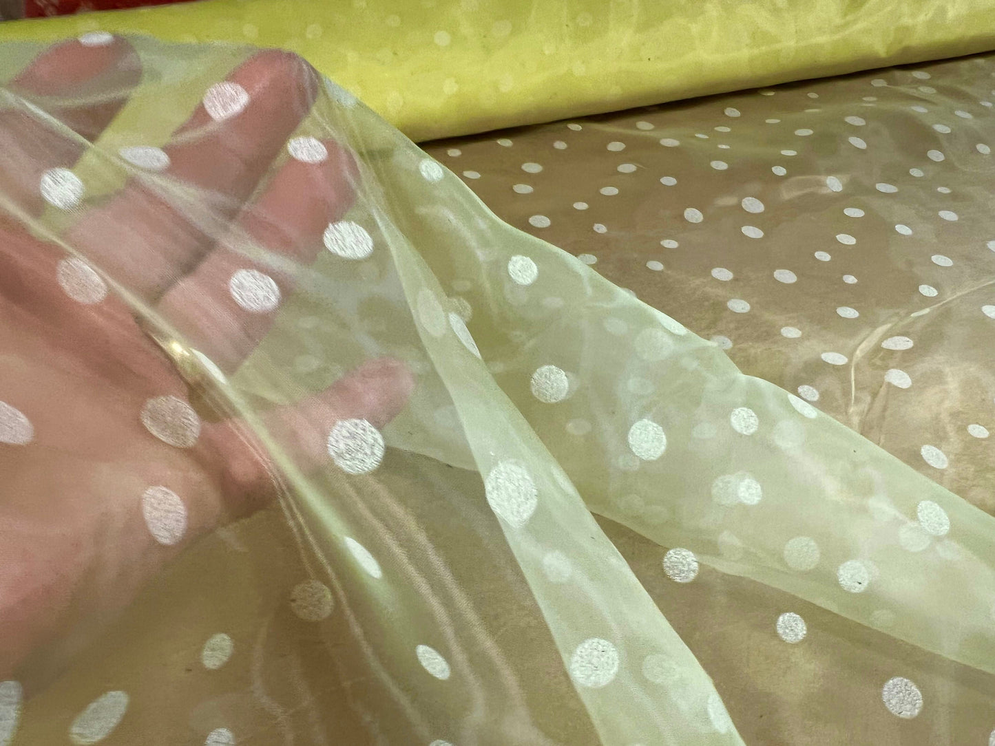 Crystal organza lightweight woven shimmer fabric, per metre - spotted design - lemon