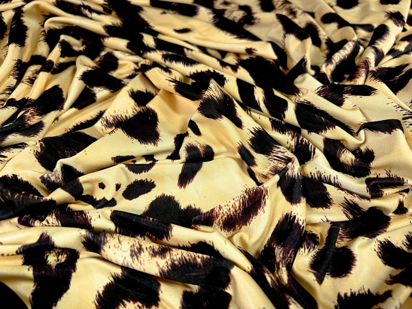 Soft touch stretch spandex jersey fabric, per metre - cheetah animal print - lemon gold