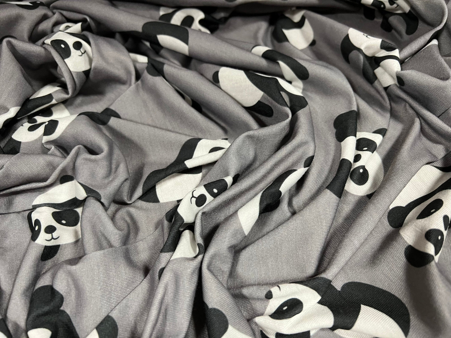 Soft handle single jersey fabric, per metre - panda bear print - grey