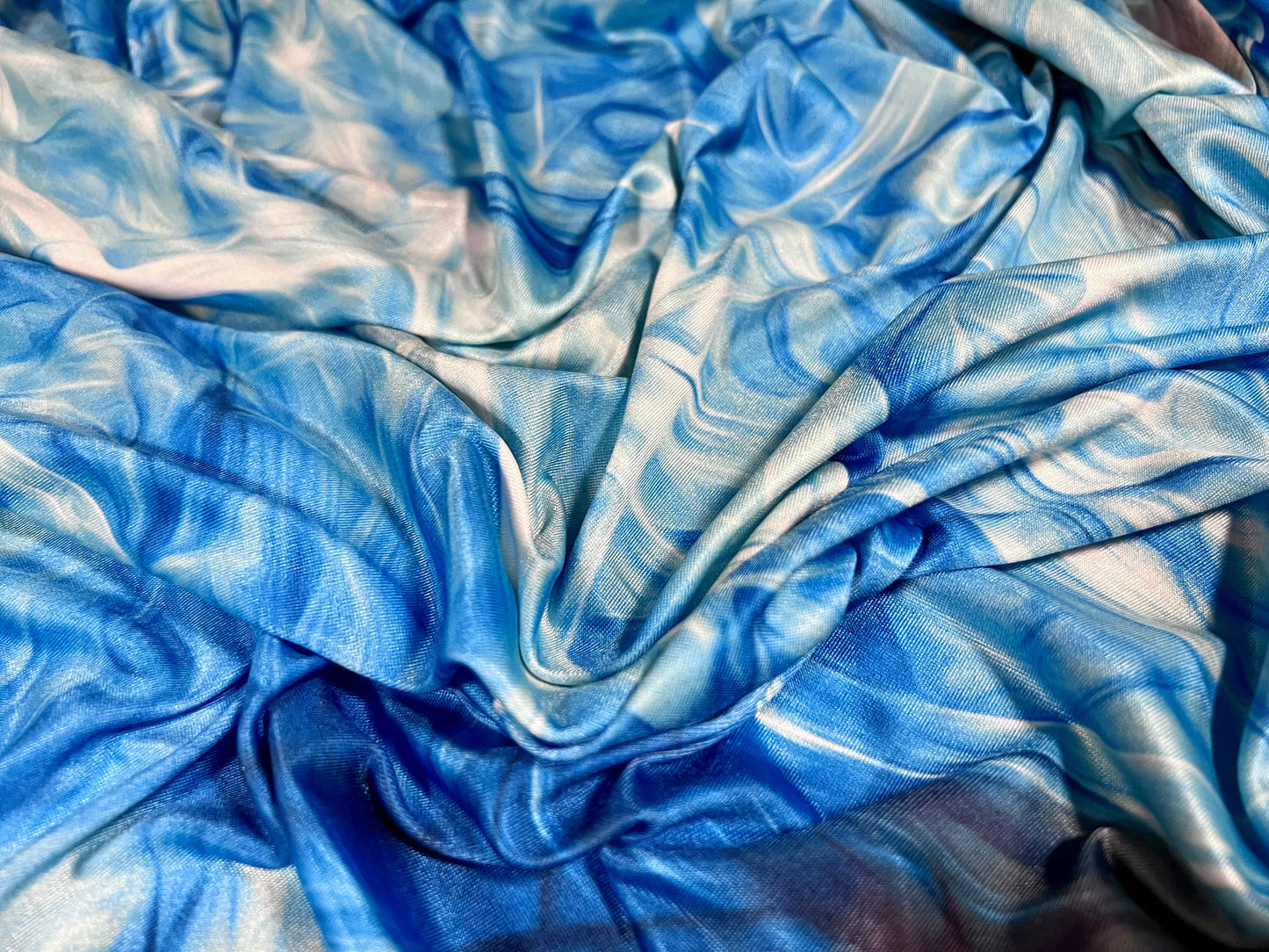 Soft touch stretch spandex jersey fabric, per metre - abstract swirl print - blue