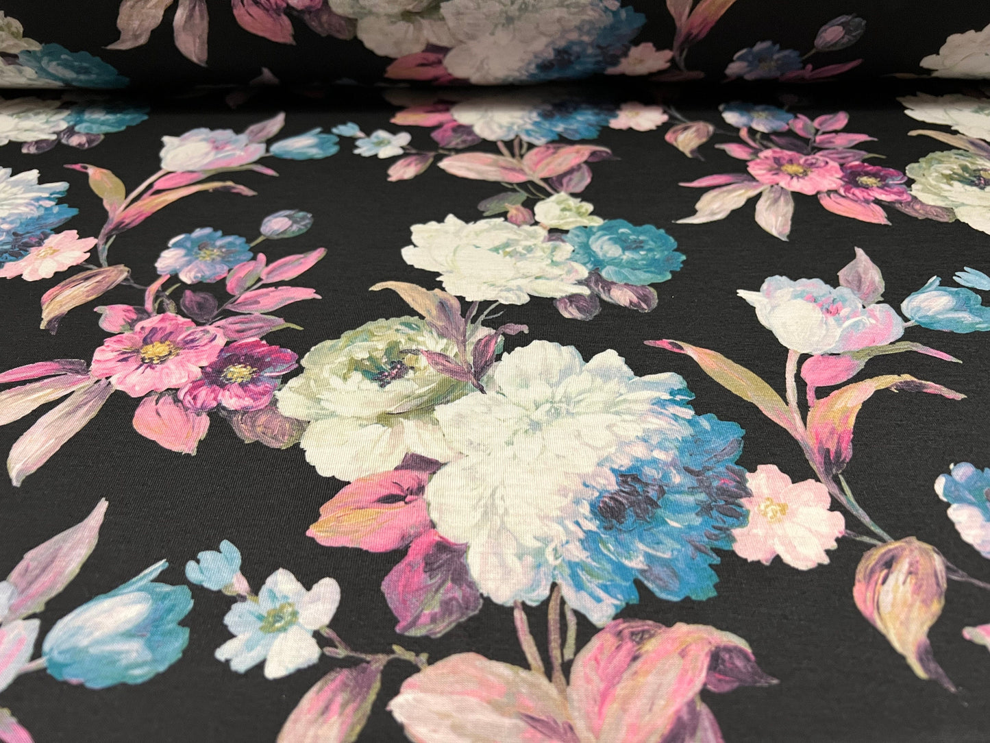 Soft handle jersey fashion fabric, per metre - flower print - black turquoise & fuchsia