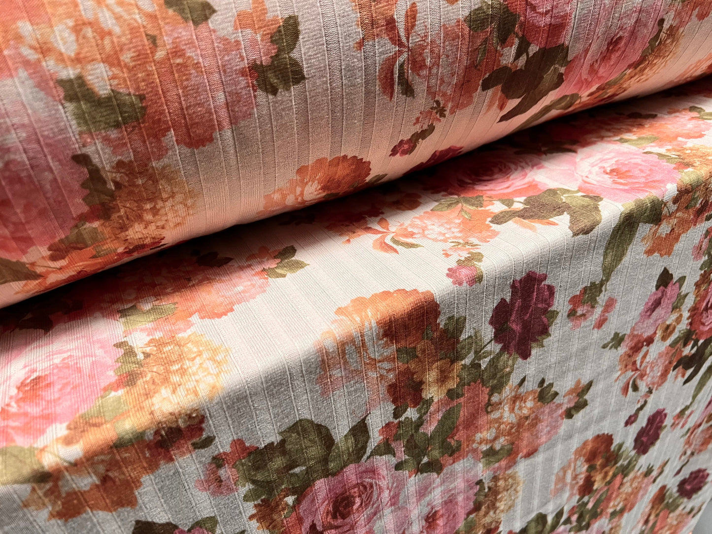 Ribbed jersey fabric, per metre - rose flower print - blush & pink