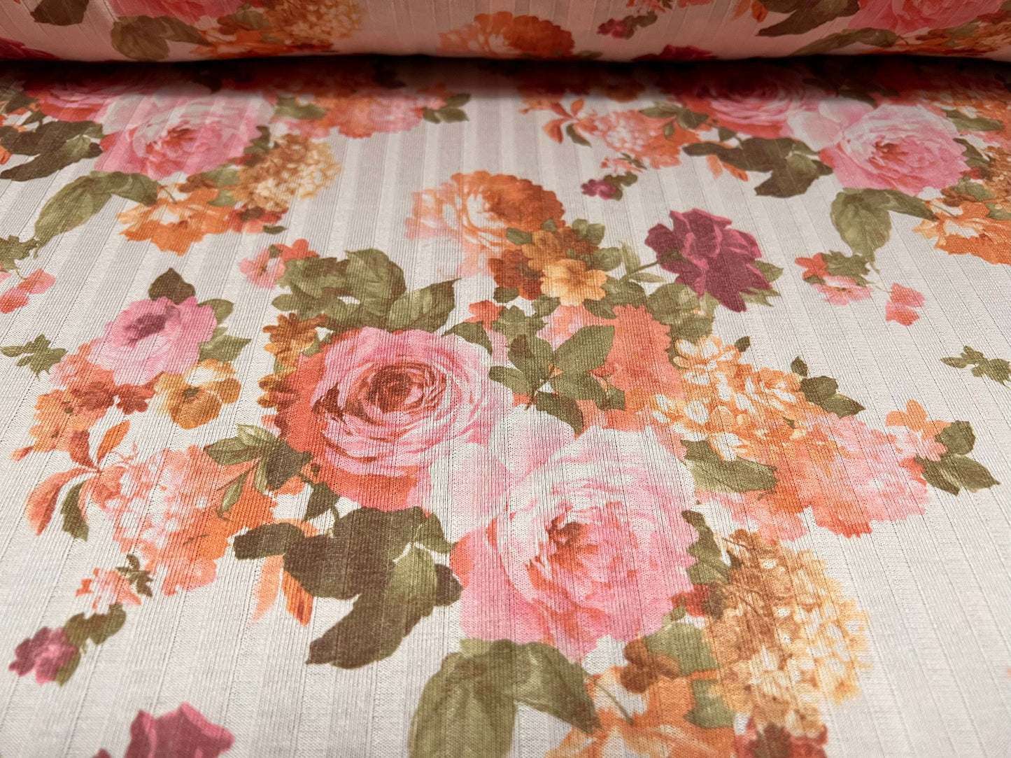 Ribbed jersey fabric, per metre - rose flower print - blush & pink