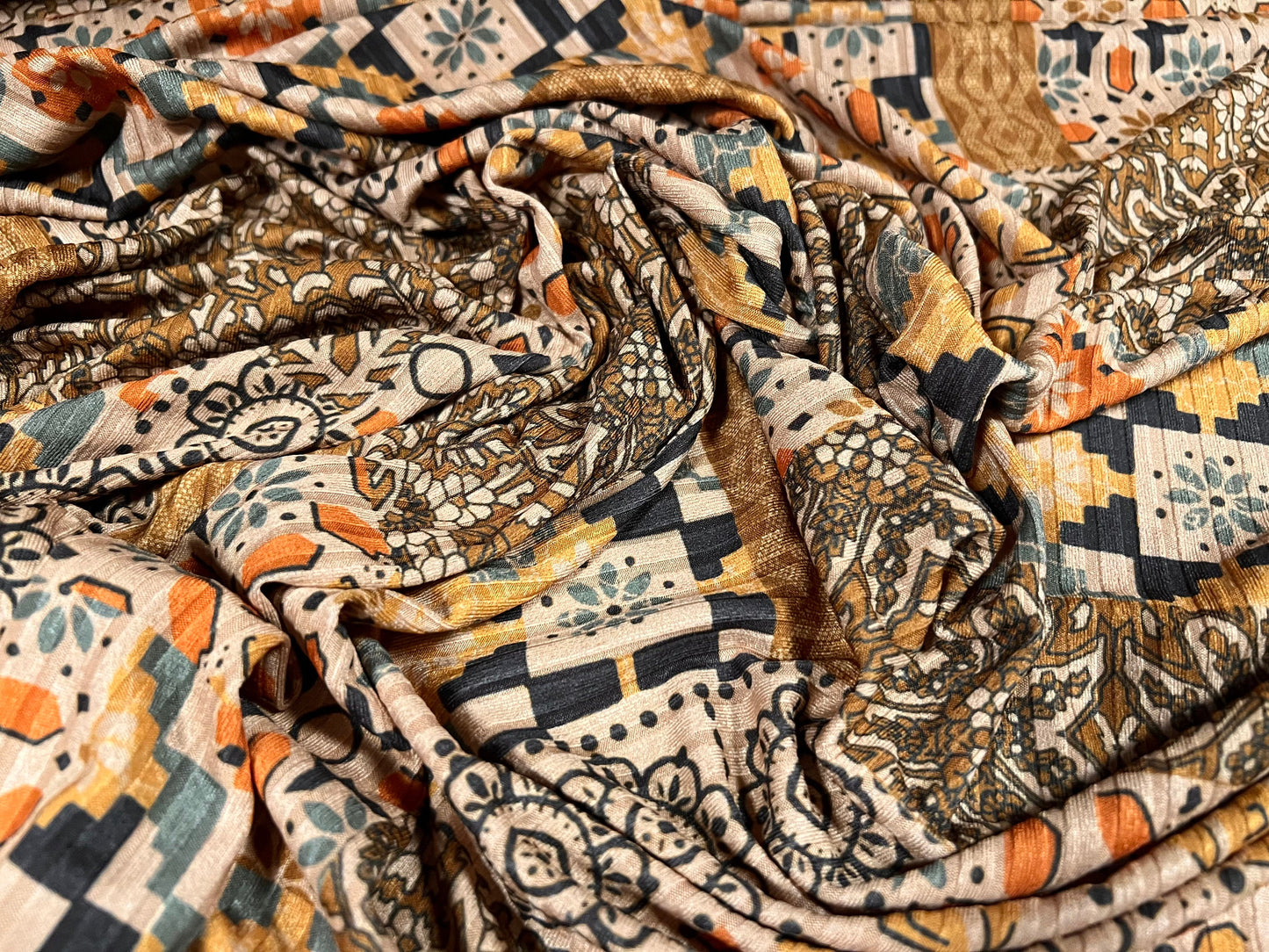 Stretch Spandex rib jersey fabric, per metre - Marrakech Garden print - mustard & stone