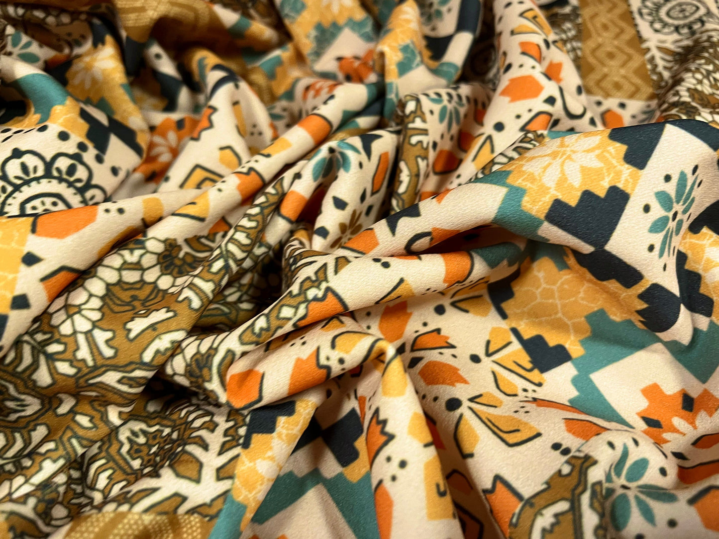 Scuba crepe fabric stretch spandex jersey, per metre - Marrakech garden print - mustard & cream