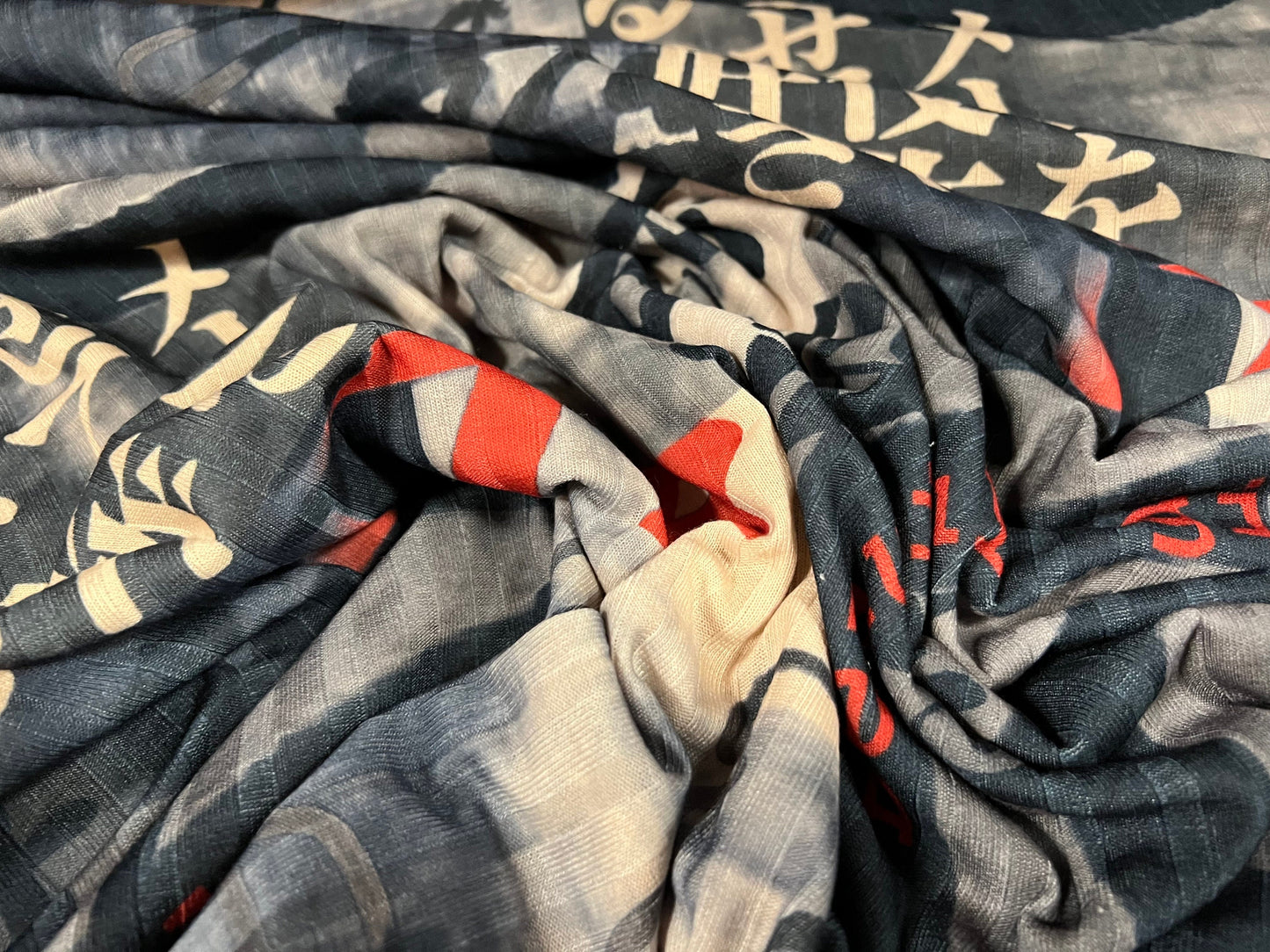Ribbed jersey fabric, per metre - Japanese symbols print - grey & cream
