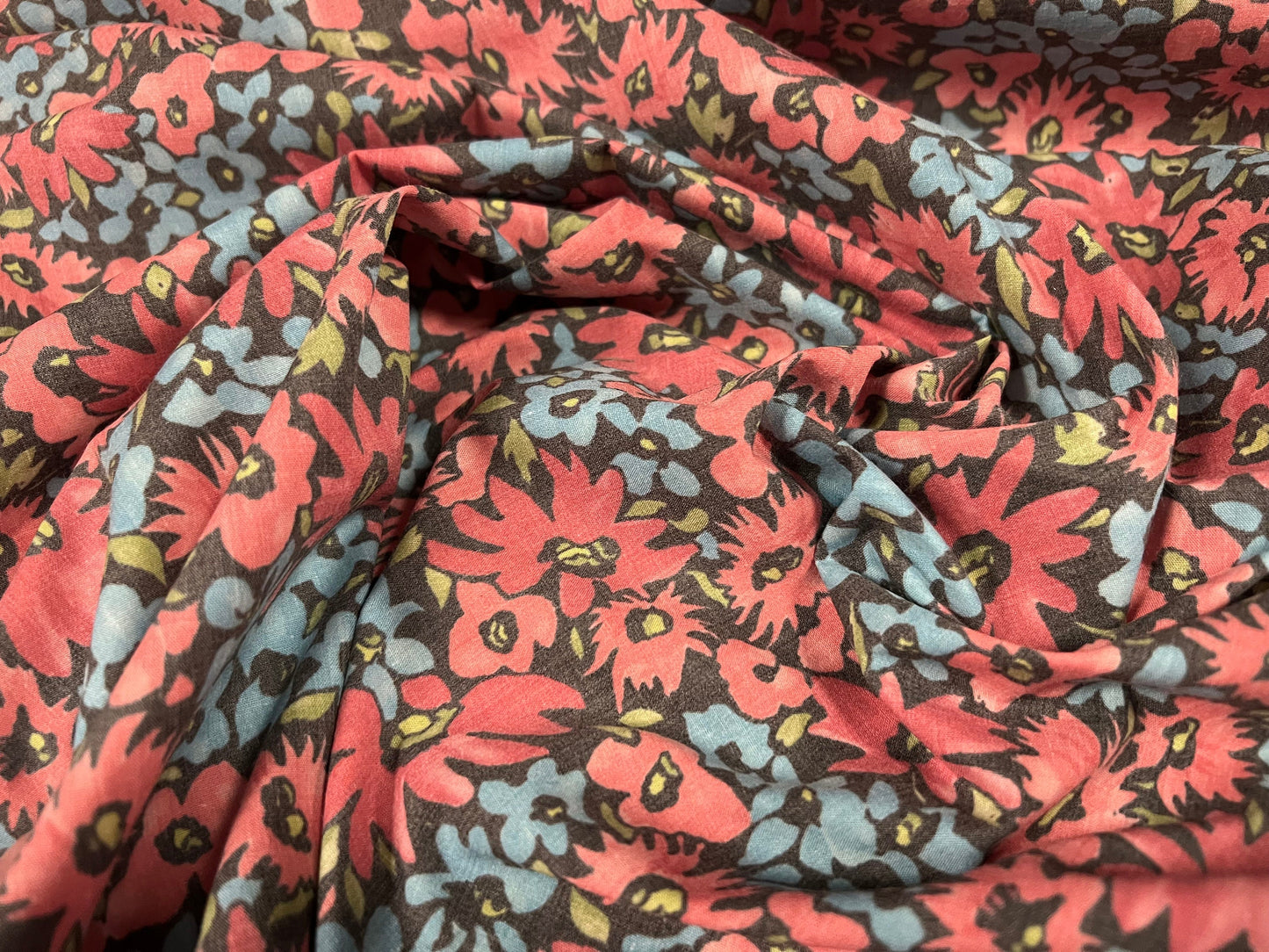 Cotton blend woven dress fabric, per metre - summer flowers print - pink & blue