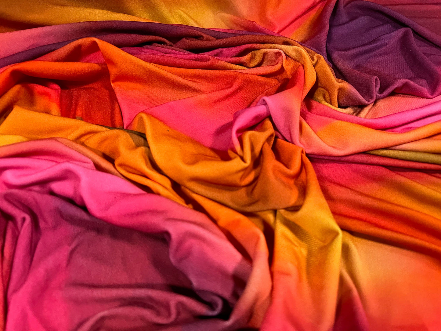 Soft touch stretch spandex jersey fabric, per metre - swirl print - magenta sunset