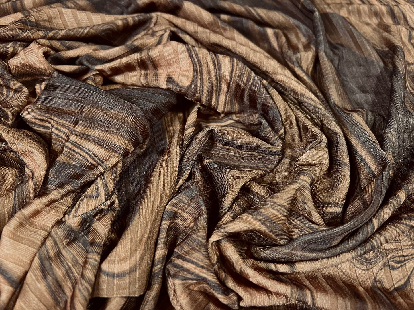Stretch Spandex rib jersey fabric, per metre - retro swirl print - brown