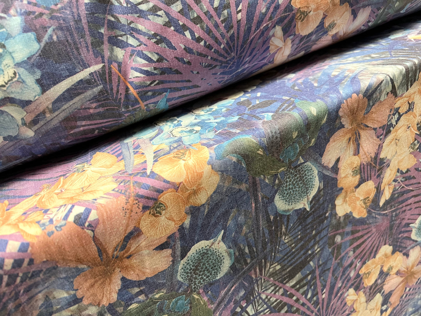 Cotton blend woven dress fabric, per metre - orchid flowers & leaves print - purple blue peach