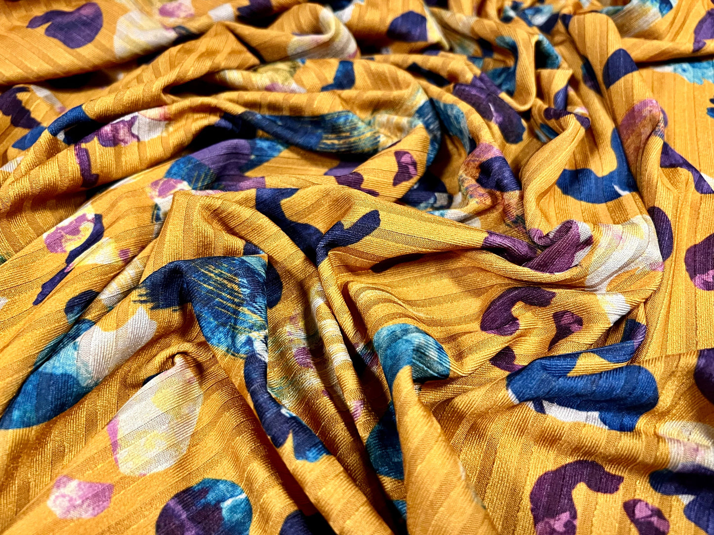 Stretch Spandex rib jersey fabric, per metre - funky animal print - mustard & blue