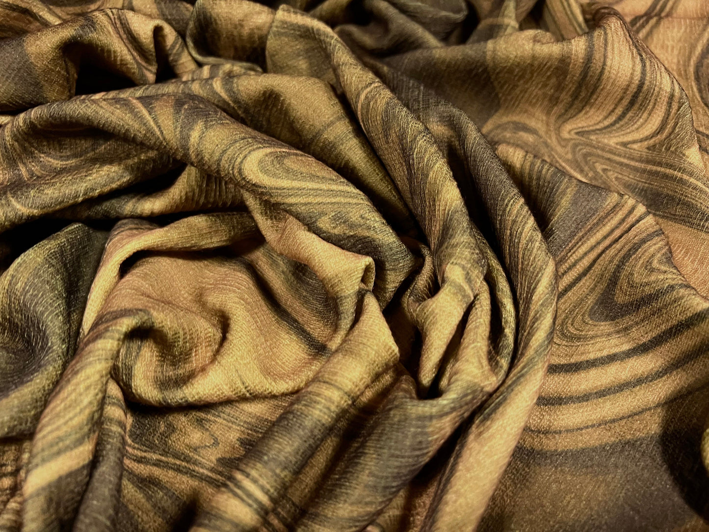 Textured stretch spandex double jersey fabric, per metre - Swirl print - Hazelnut brown