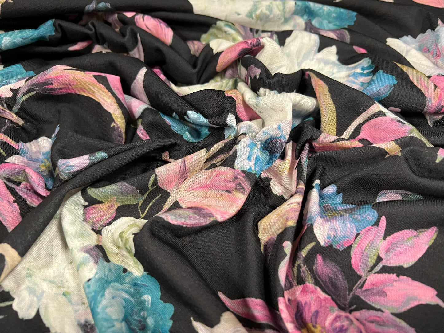 Soft handle jersey fashion fabric, per metre - flower print - black turquoise & fuchsia