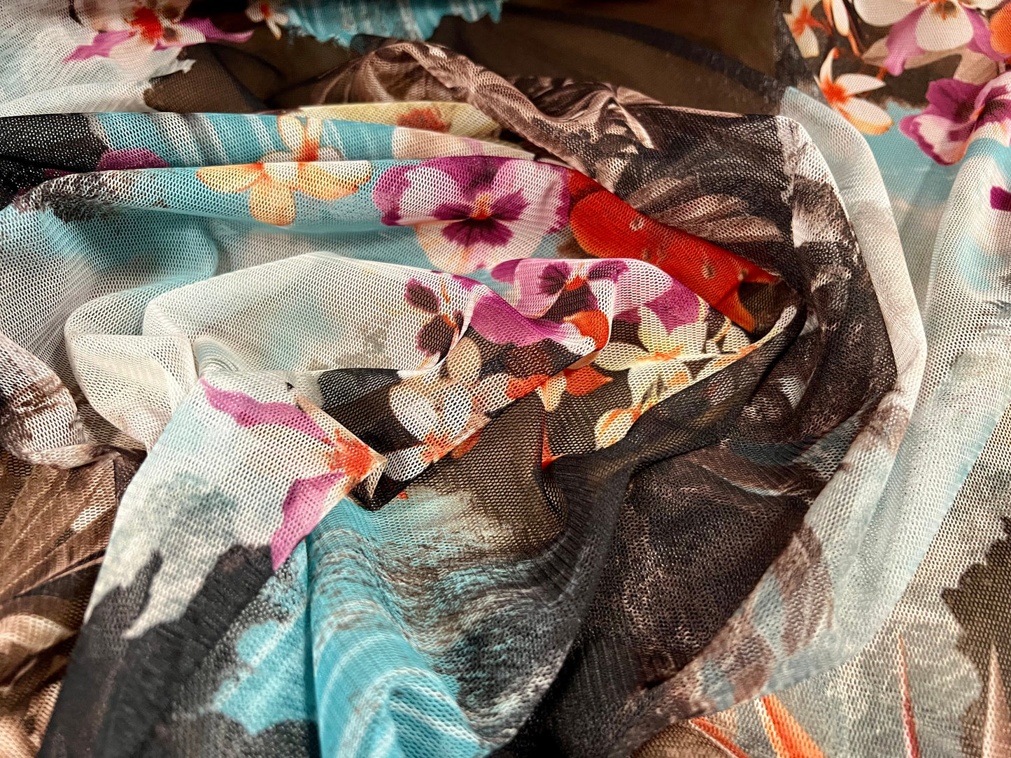 Lightweight mesh net fabric, per metre - Shangri-Lah tropical paradise print