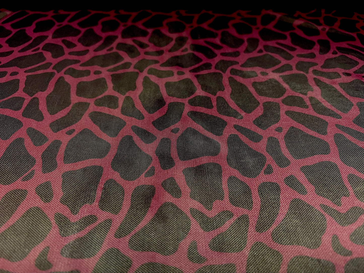 Power mesh net stretch spandex fabric, per metre - giraffe animal print - wine & black