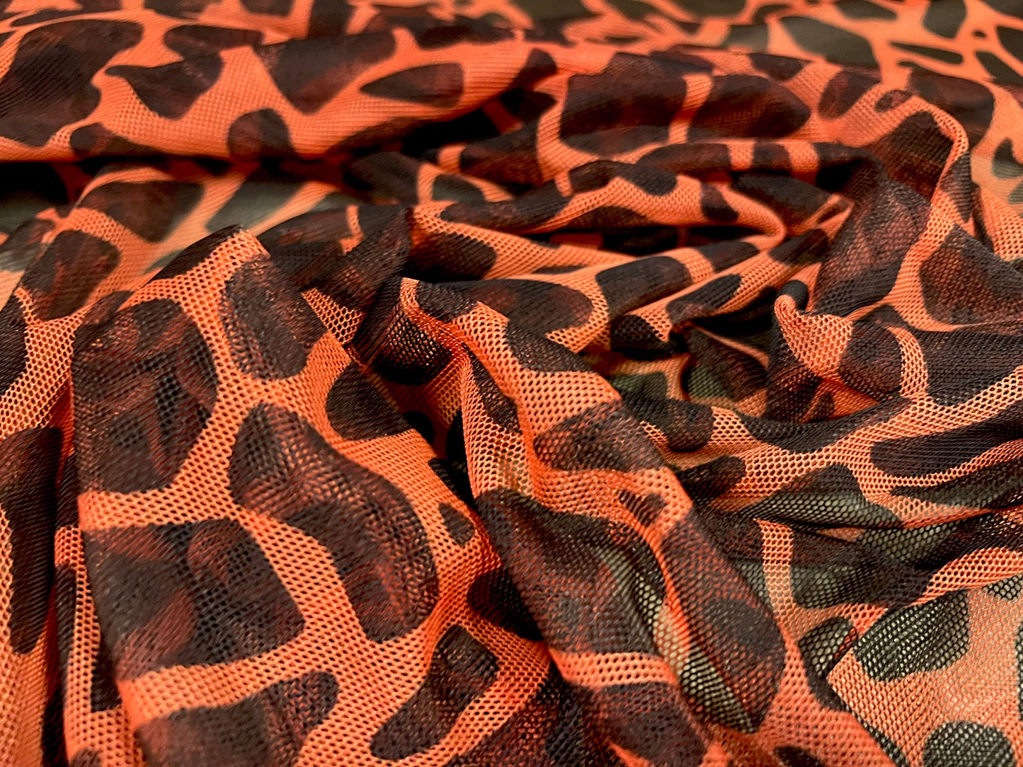 Power mesh net stretch spandex fabric, per metre - giraffe animal print - orange & black