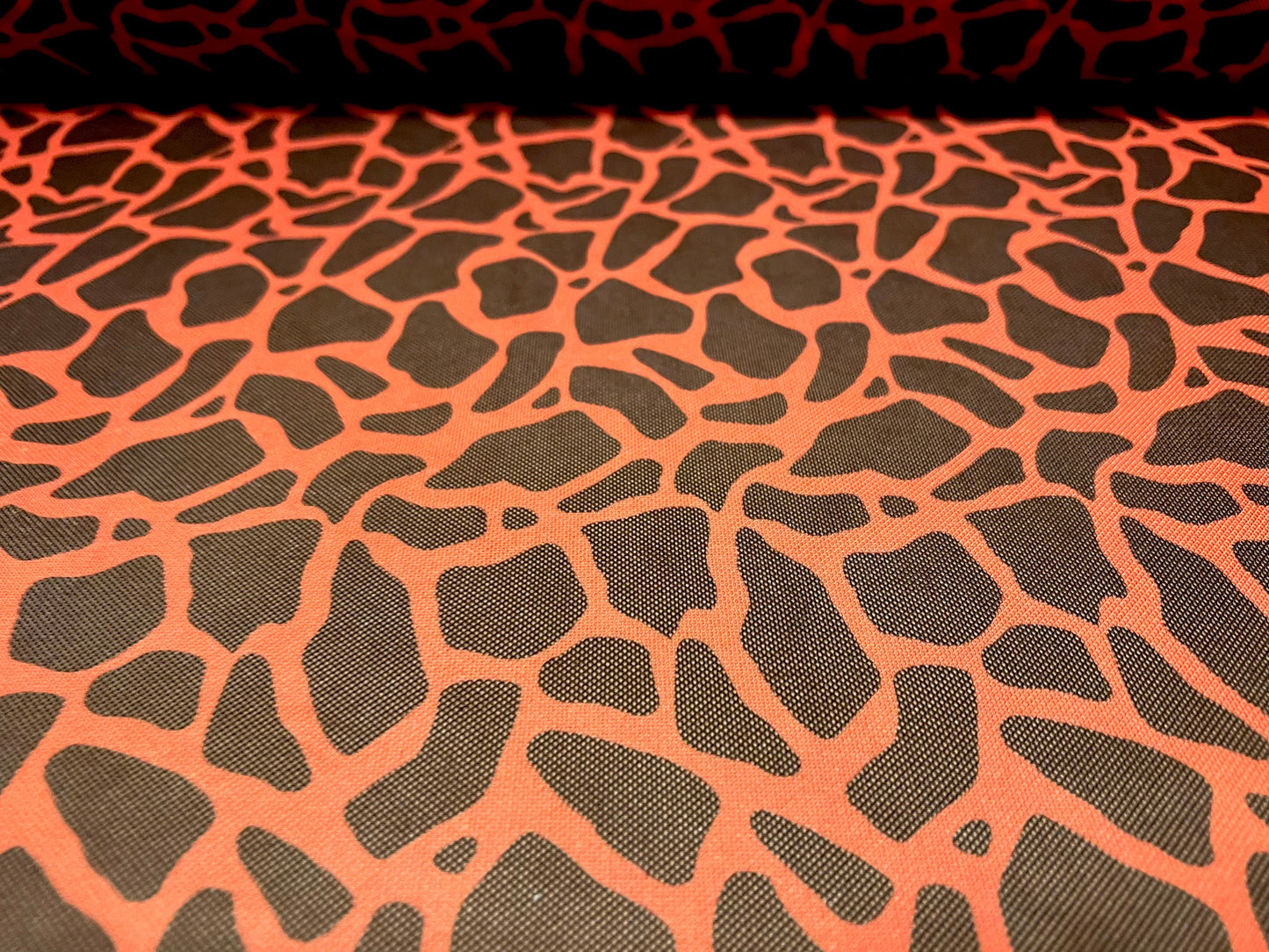 Power mesh net stretch spandex fabric, per metre - giraffe animal print - orange & black