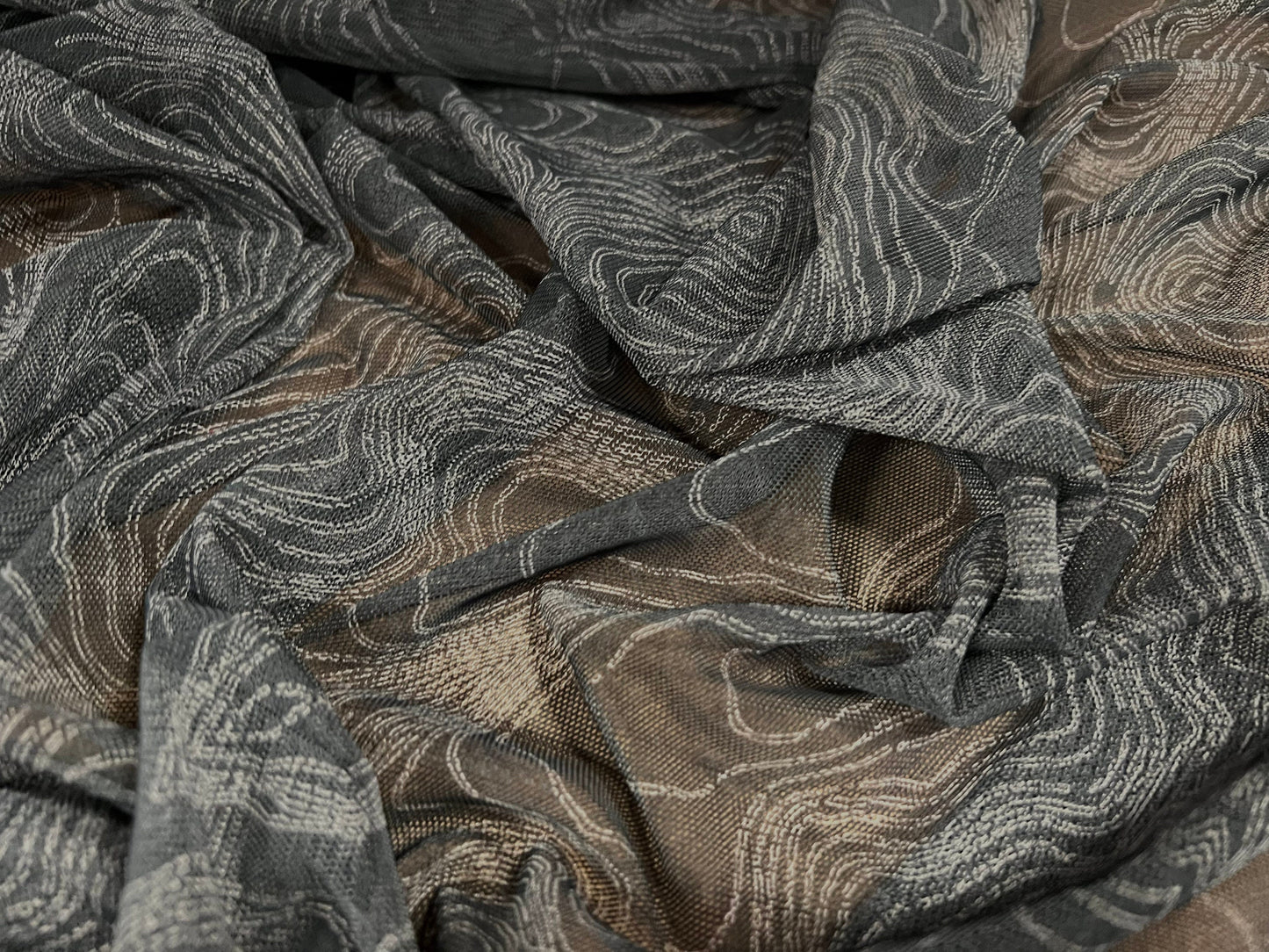 Power mesh net stretch spandex fabric, per metre - psychedelic squiggle print - teal