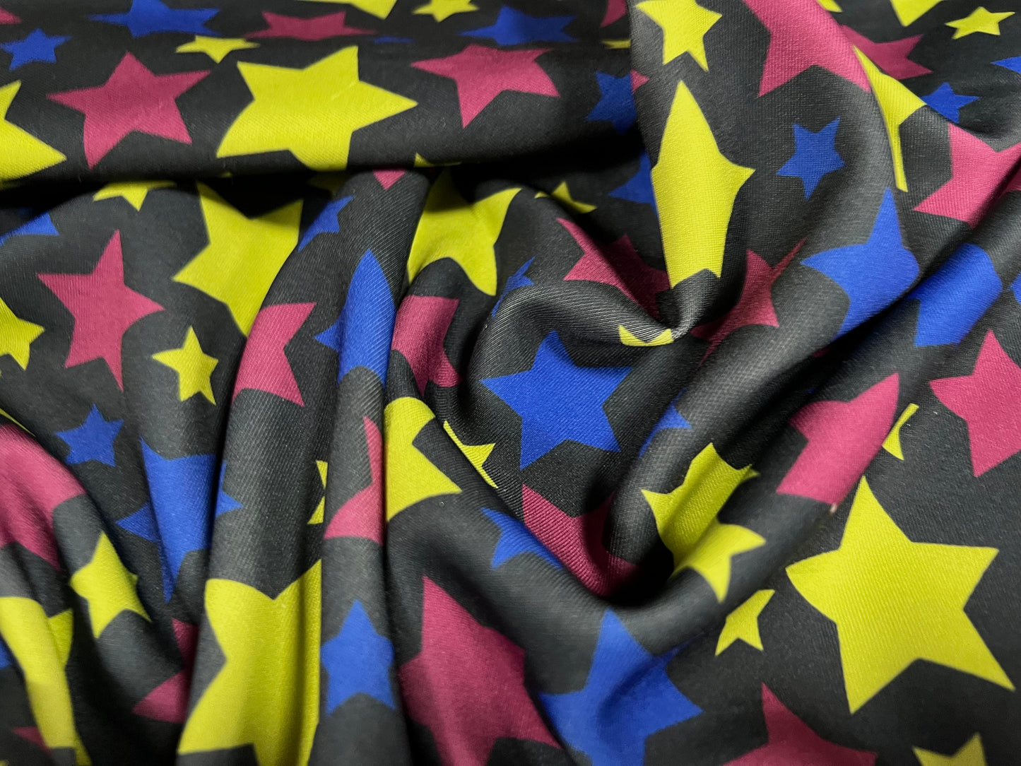Scuba neoprene style stretch spandex double jersey fabric, per metre - stars print - black lime purple & blue