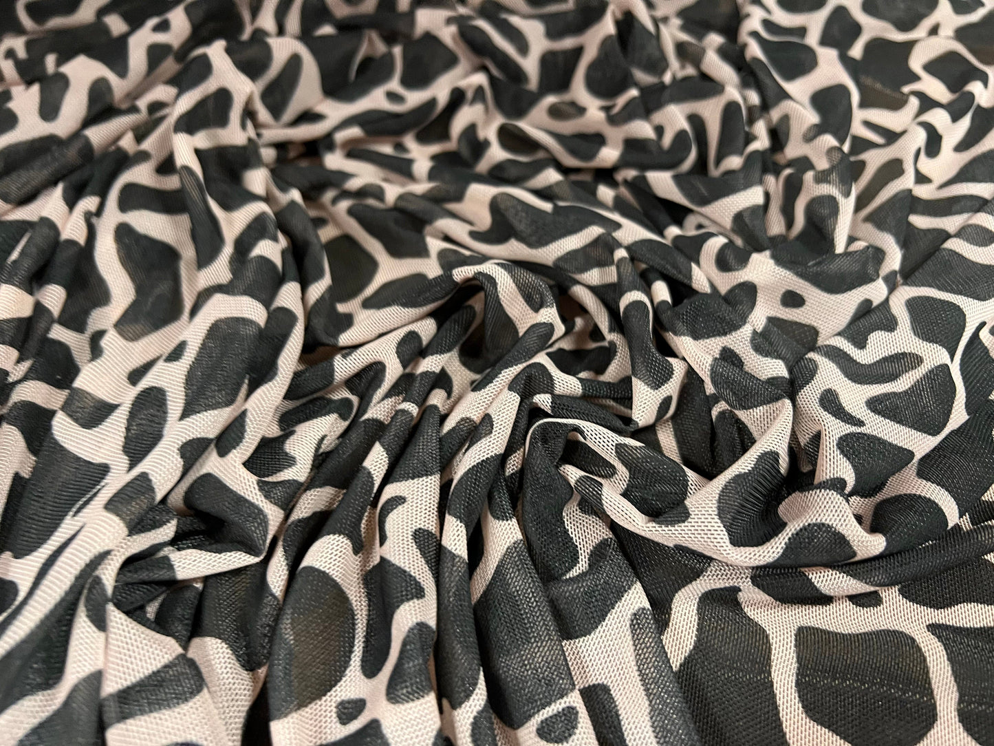 Power mesh net stretch spandex fabric, per metre - giraffe animal print - nude & black