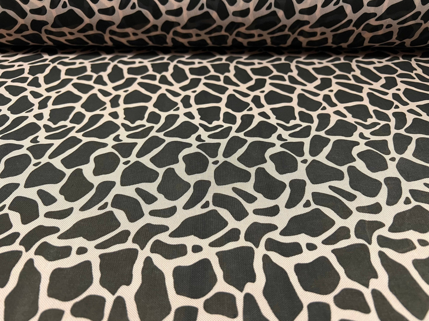 Power mesh net stretch spandex fabric, per metre - giraffe animal print - nude & black