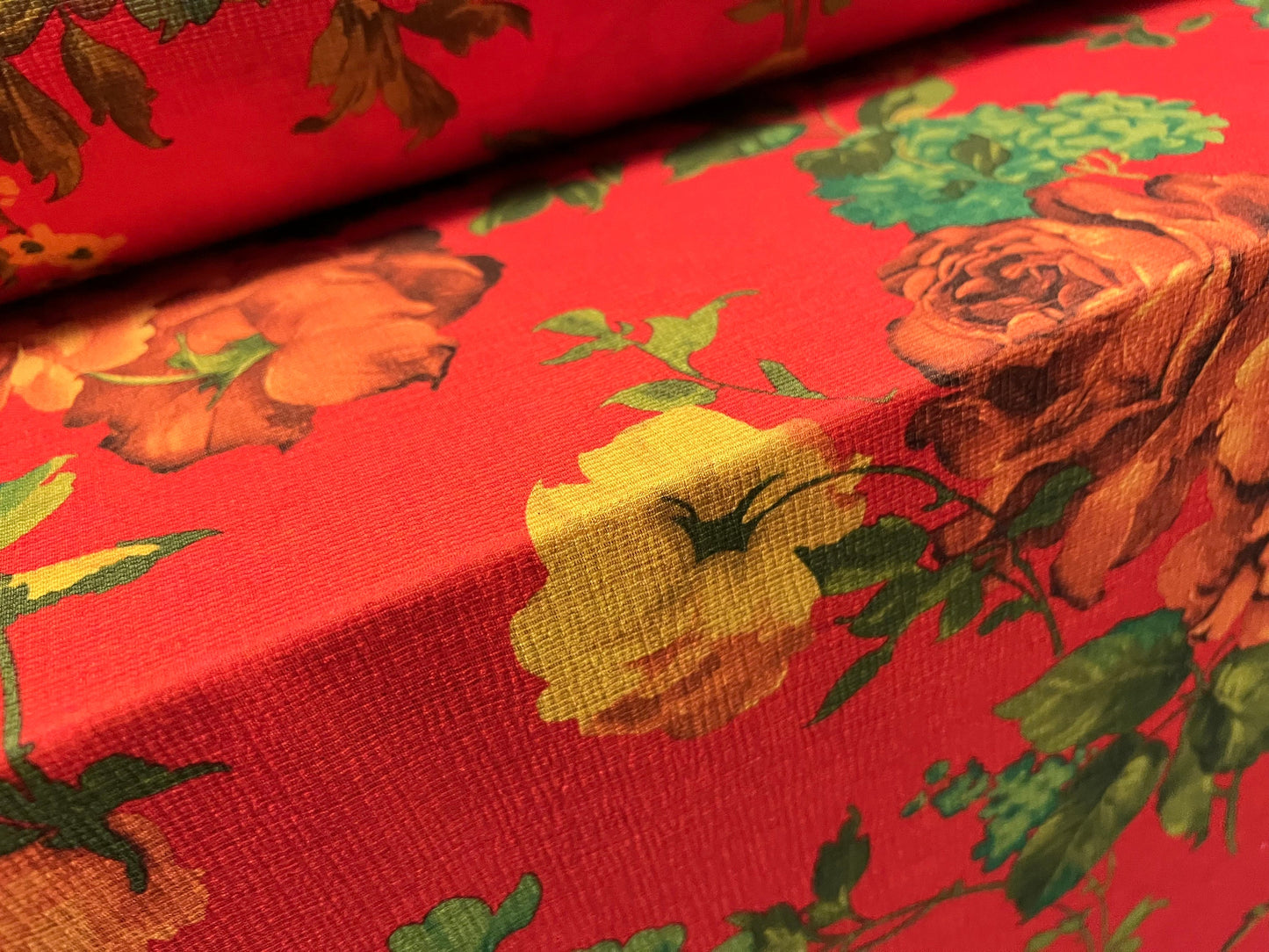Woven Vienna crepe dress fabric with spandex, per metre - rose flower print - orange red