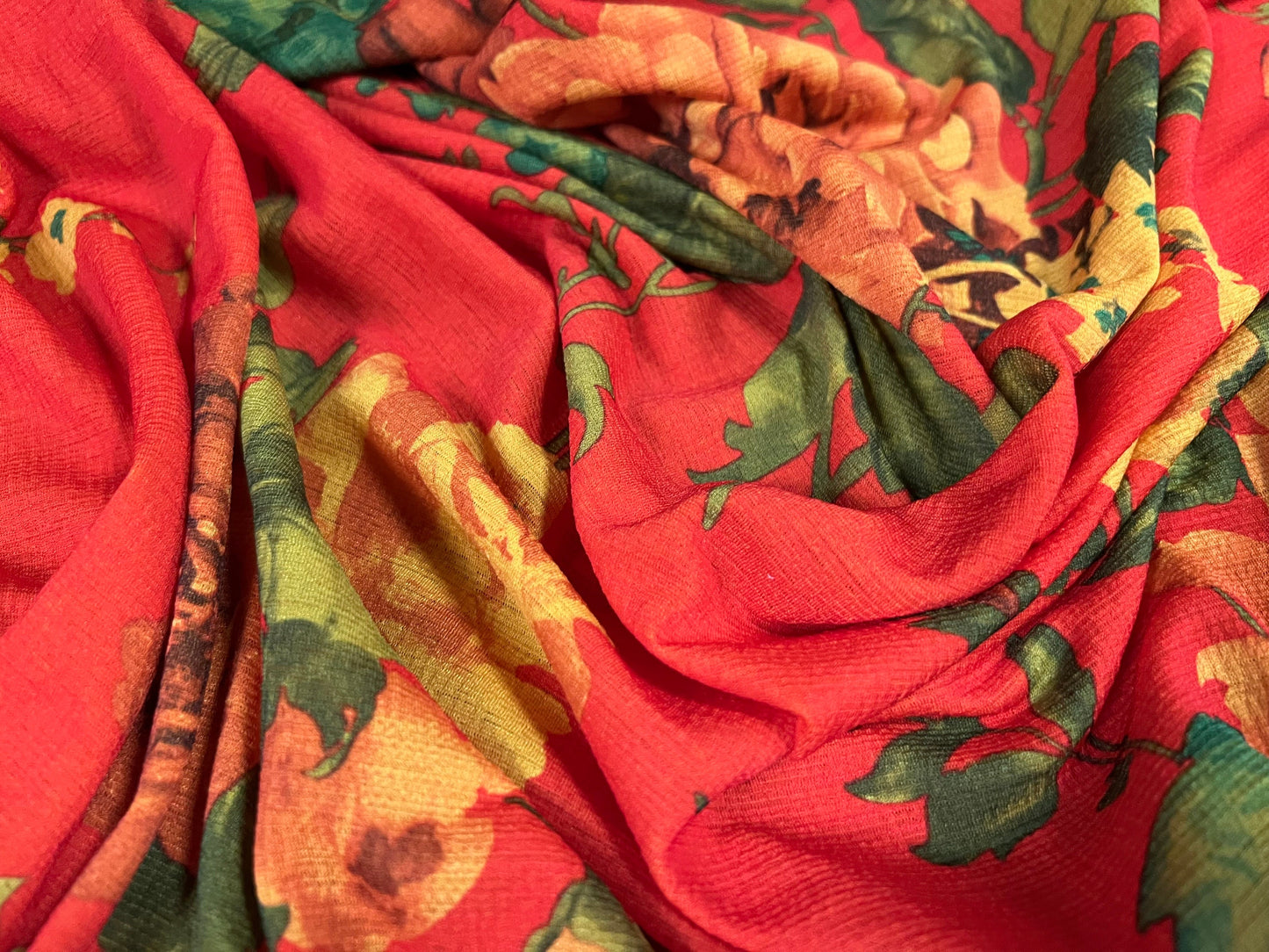 Woven Vienna crepe dress fabric with spandex, per metre - rose flower print - orange red