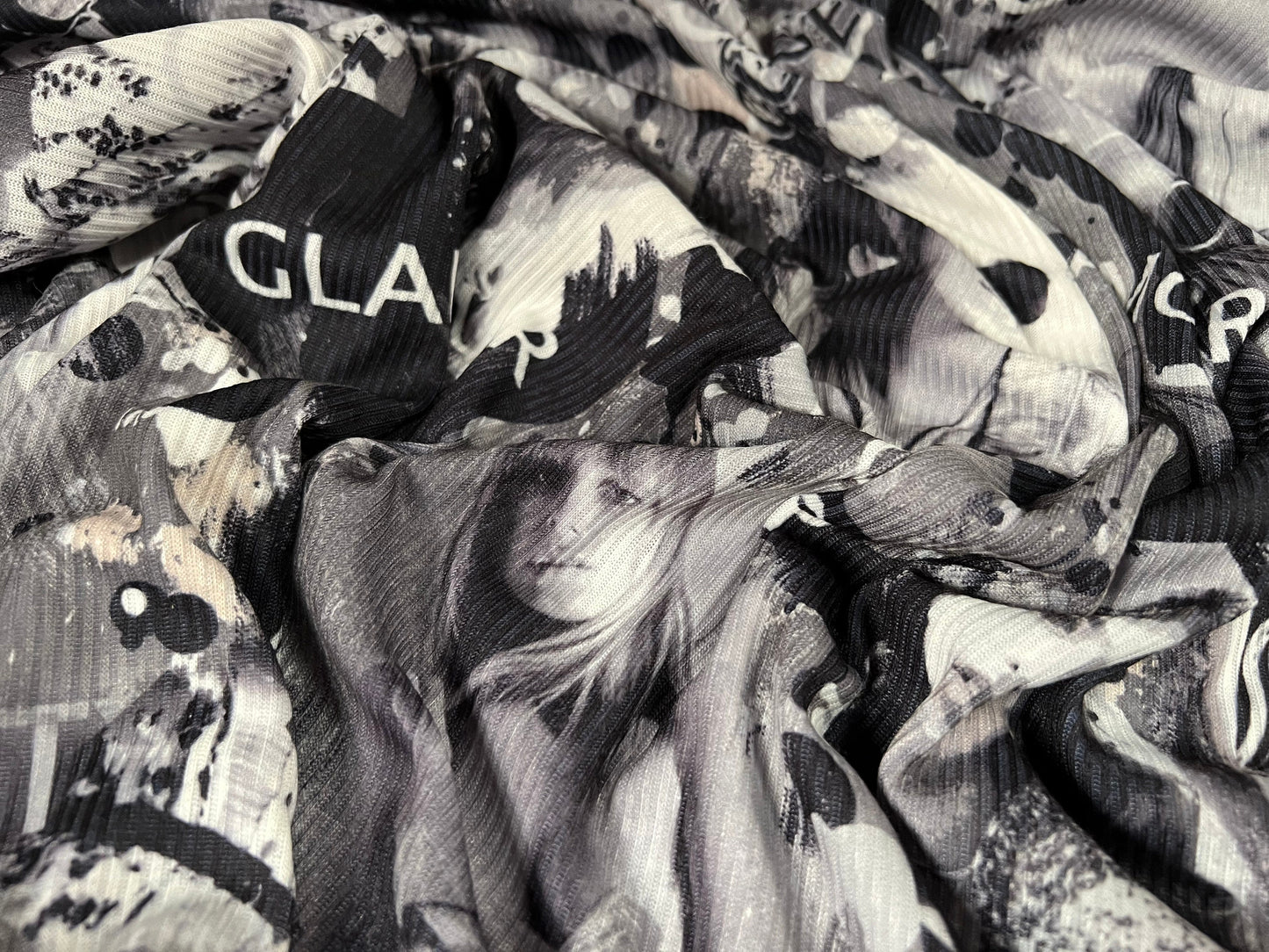 Soft touch rib jersey knit fabric, per metre - women in glamour print - white black & grey