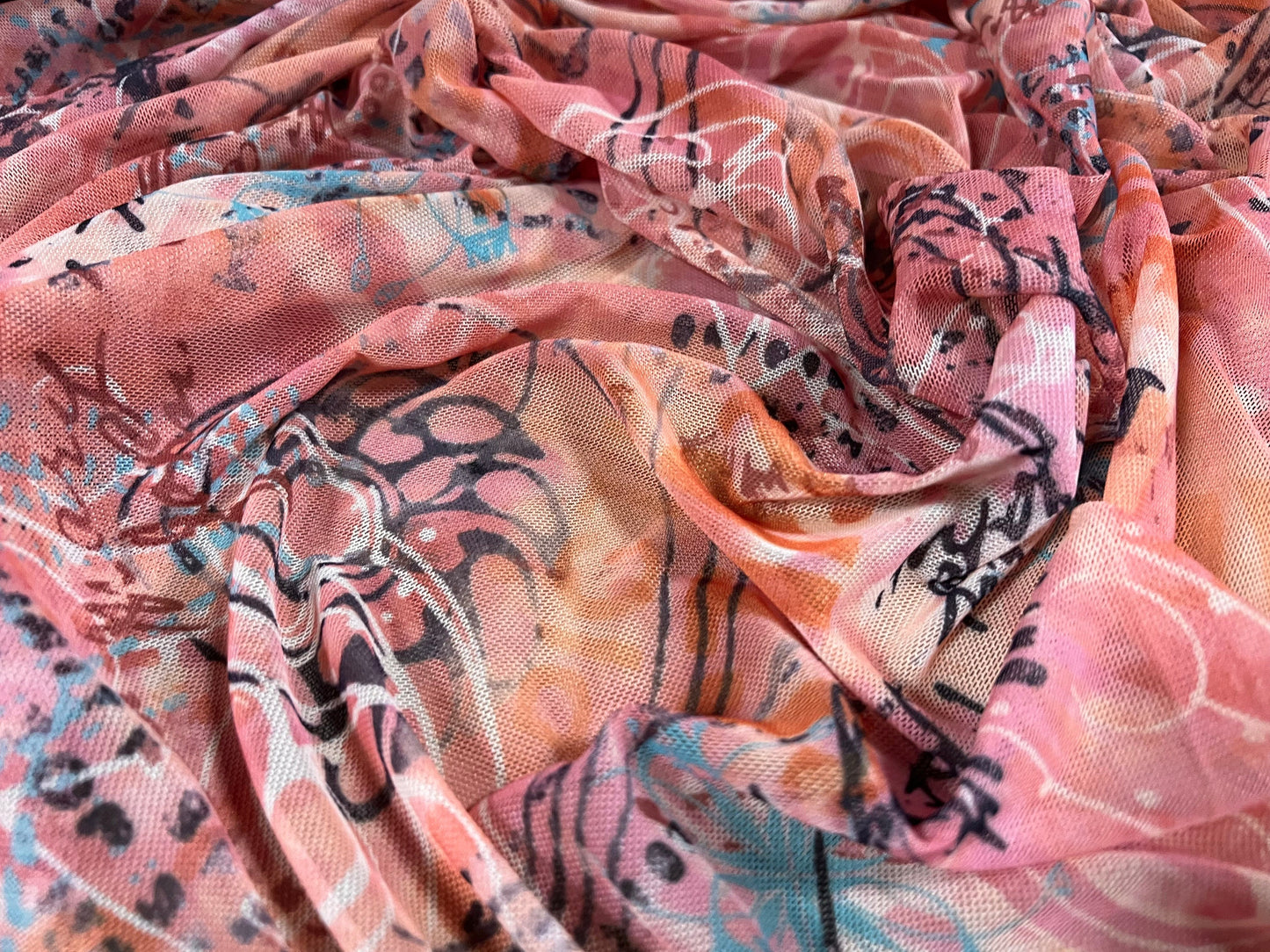 Power mesh net stretch spandex fabric, per metre - graffiti scribble print - pink